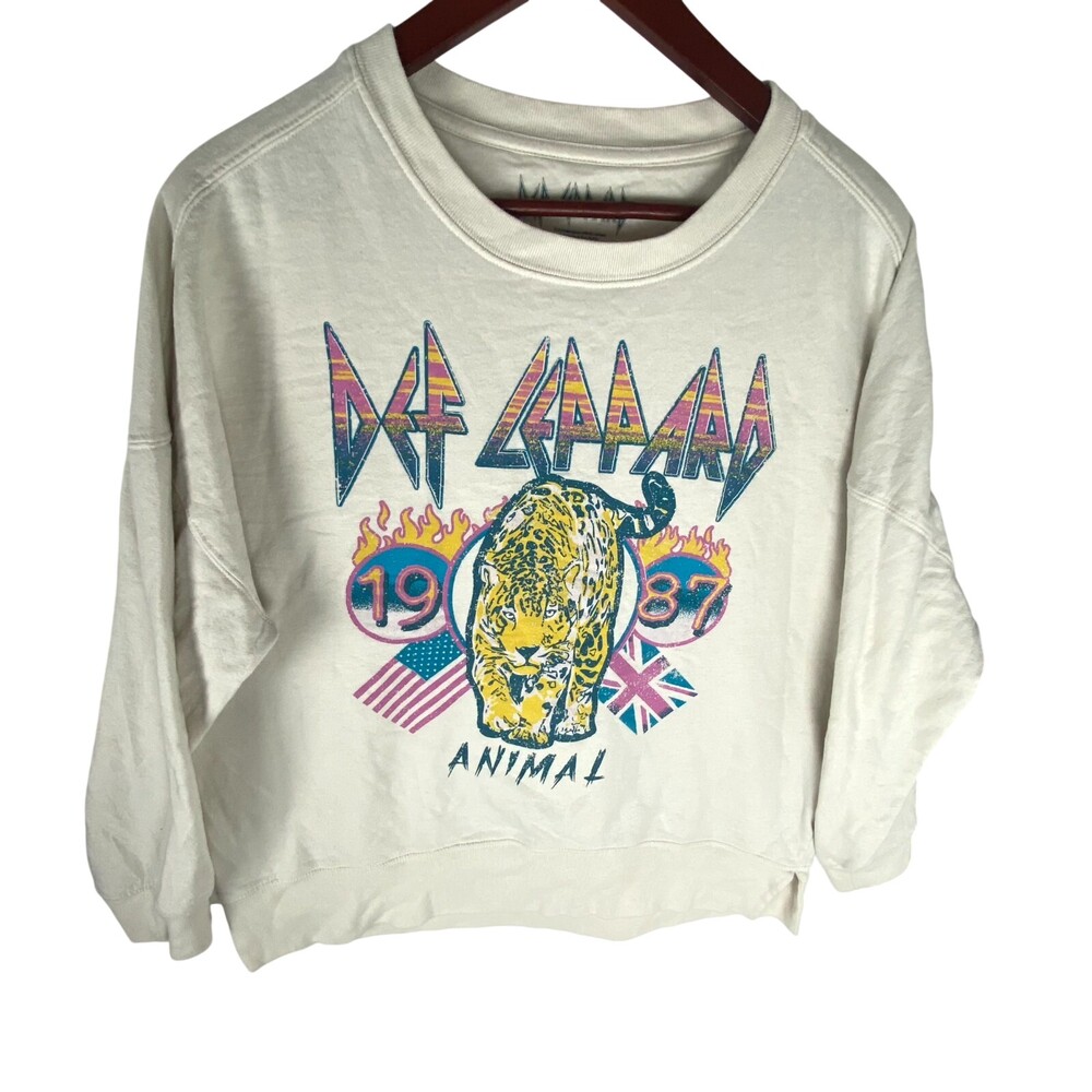 2024 Def Leppard Sweatshirt Unisex L White Animal Print 1987 Cotton Pullover